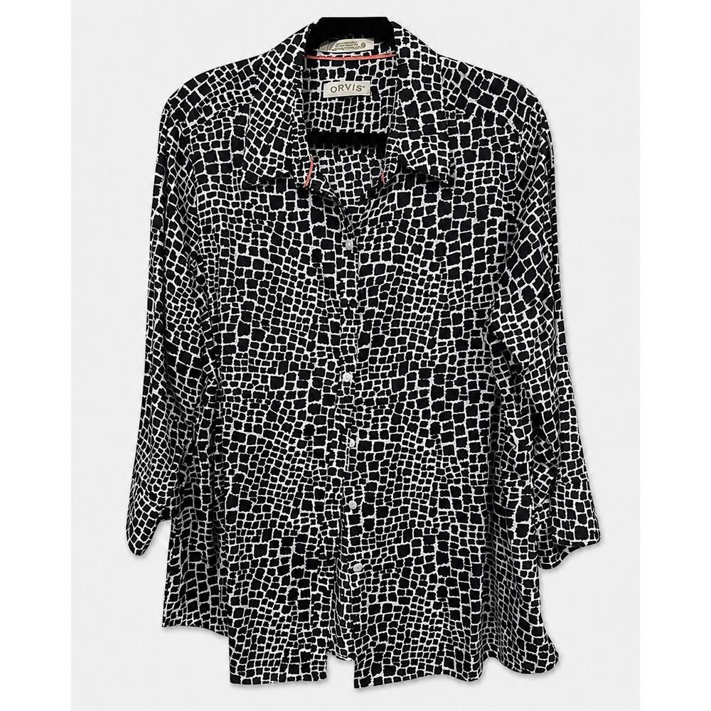 Orvis Womens 16 Black White Geo 3/4 Slv Shirt Cotton Wrinkle Resistant Coastal